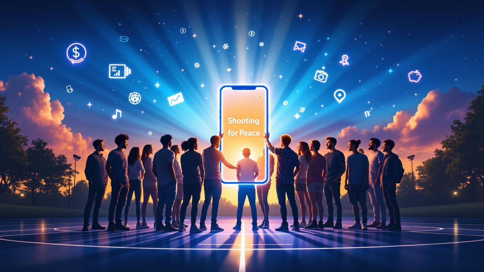 Shooting for Peace app illustration showing youth learning financial literacy through mobile technology on a basketball court, symbolizing empowerment and education